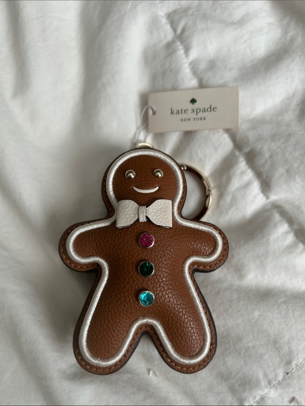 kate spade brown gingerbread man keyring charm with jeweled buttons